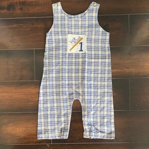 Vintage Sweetdil Look Who's 1 Blue Plaid Baby Romper First Birthday Outfit